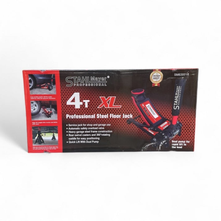 Нископрофилен хидравличен крик STAHLMAYER XL 4 тона, 75–505 мм, с двойна помпа +ПОДАРЪК 2 подпорни стойки 3T