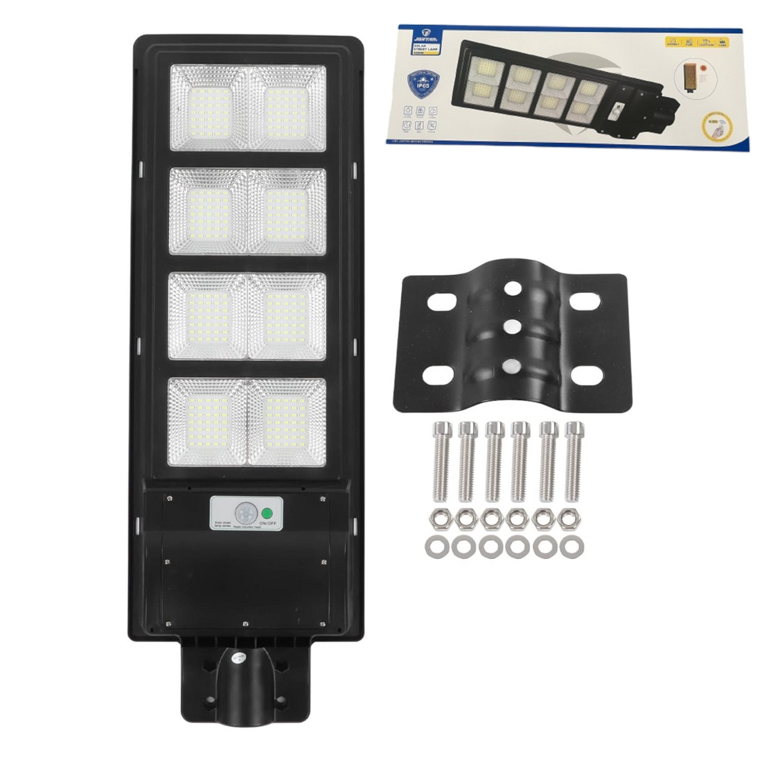Улична соларна лампа Jortan със соларен панел и стойка, 400W, IP66, 12-16 часа автономия, Батерия 30