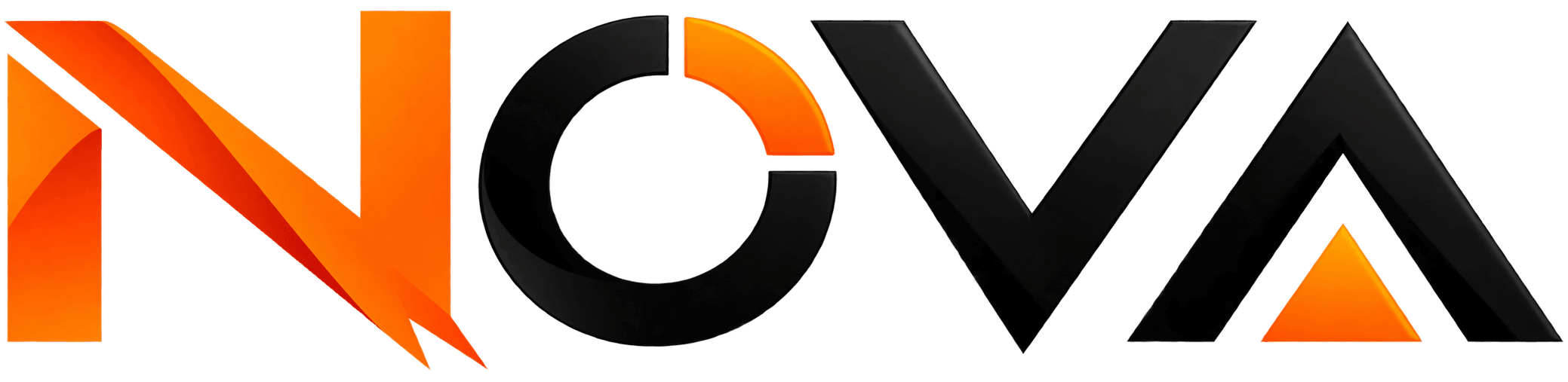 The logo for NOVA, featuring stylized letters in orange, black, and white on a solid black background.