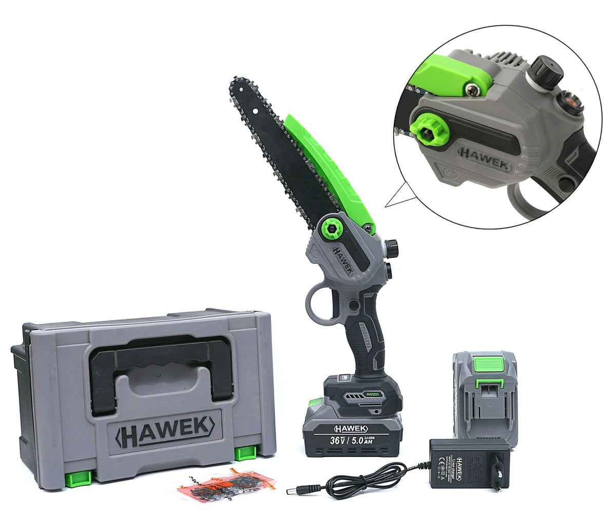 Резачка акумулаторна 20см с омасляване на веригата , 36v , с 2 вериги HAWEK , HW-3003 – снимка 2