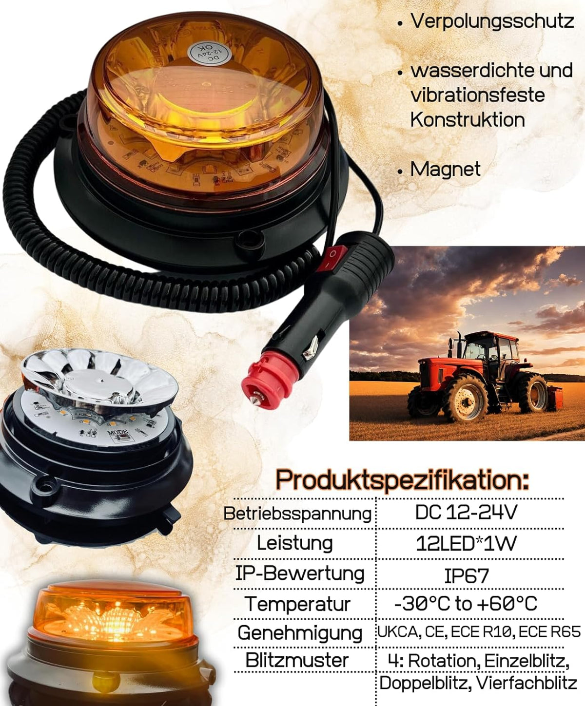 Аварийна лампа с магнит за автомобили Камиони Трактор 12 / 24V - ECE R65 R10 E9 – снимка 5