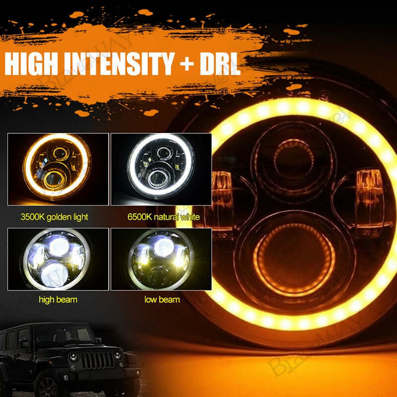 Комплект Кръгли LED фарове 7" 70W H4 букса, къси, дълги, дневни и мигач – снимка 8