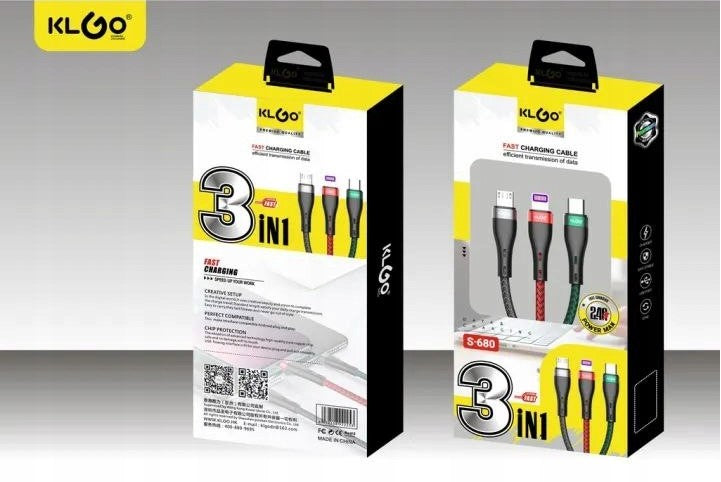 Кабел за зареждане KLGO 3в1 USB -> Type C, Lightning, Micro – снимка 3