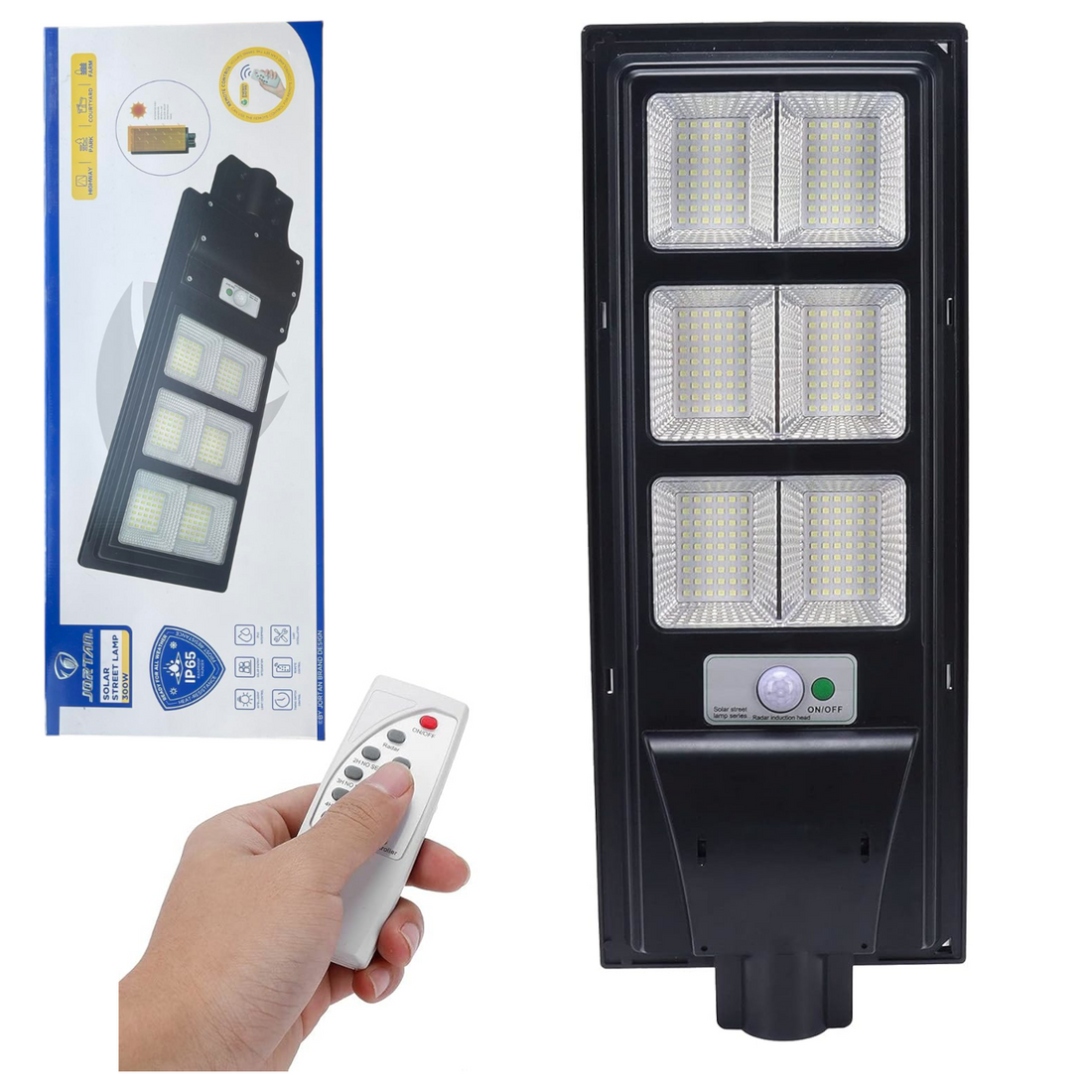 Улична соларна лампа Jortan със соларен панел и стойка, 300W, IP66, 12-16 часа автономия, Батерия 15