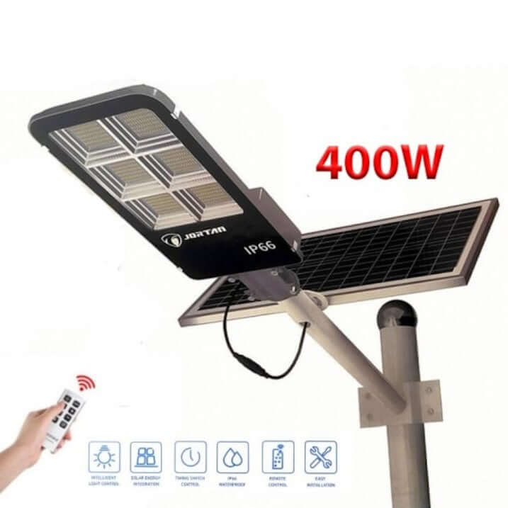 Улична соларна лампа Jortan със соларен панел и стойка, 400W, IP66, 12-16 часа автономия, Соларен панел