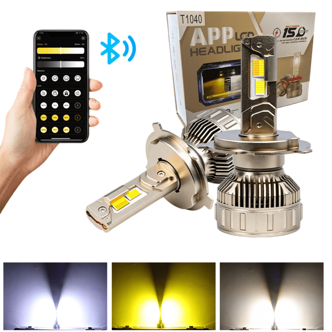 умни LED крушки H4 150W с дистанционно управление, показващи 3 цвята светлина 6000K, 4300K и 3000K.