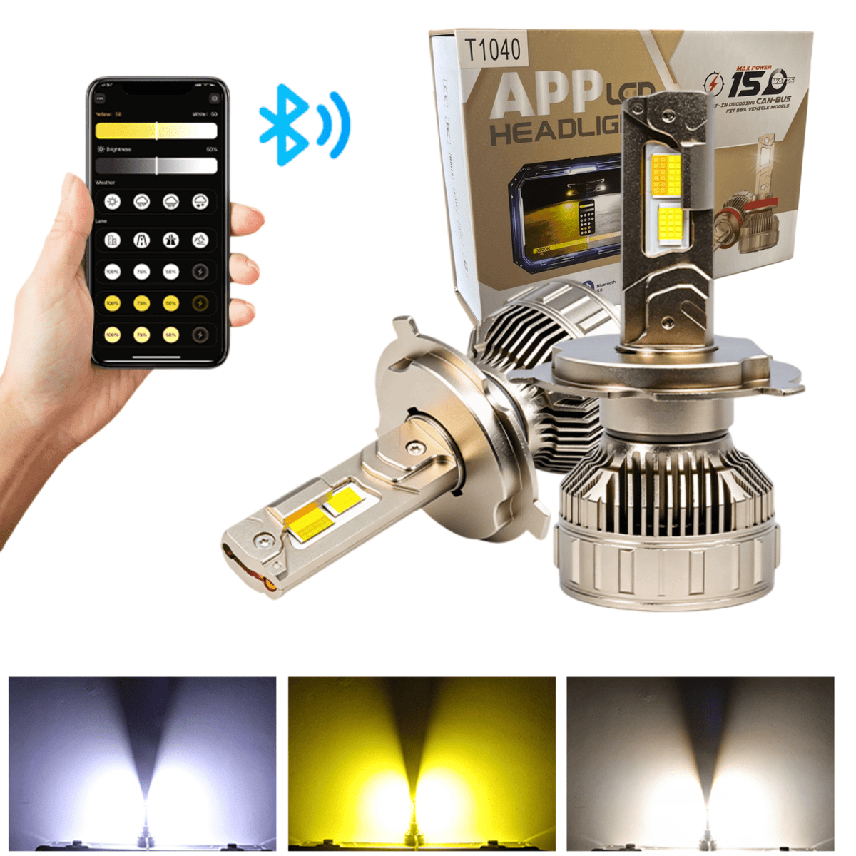умни LED крушки H4 150W с дистанционно управление, показващи 3 цвята светлина 6000K, 4300K и 3000K.